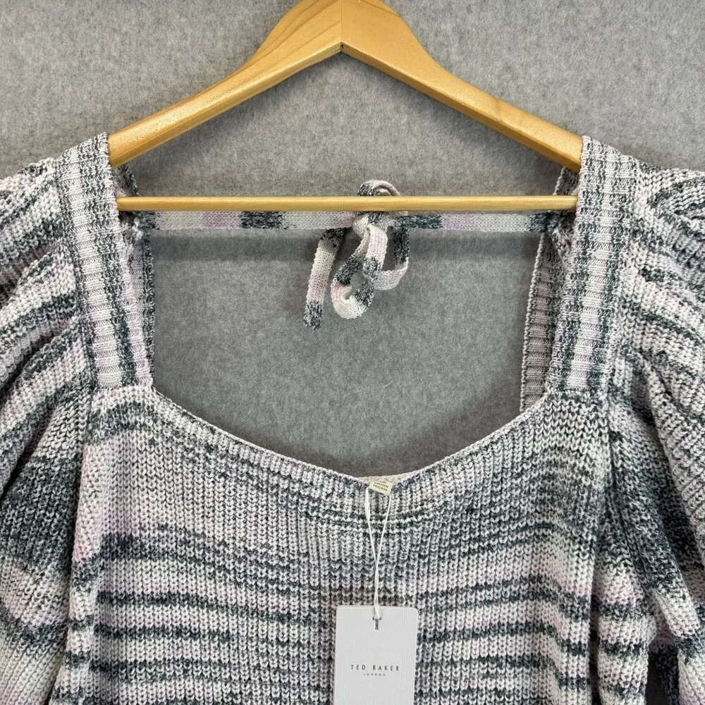 Ted Baker Aspel Puff Sleeve Marled Knit Sweater Tie Back Women Size 5‎ US 12 NWT